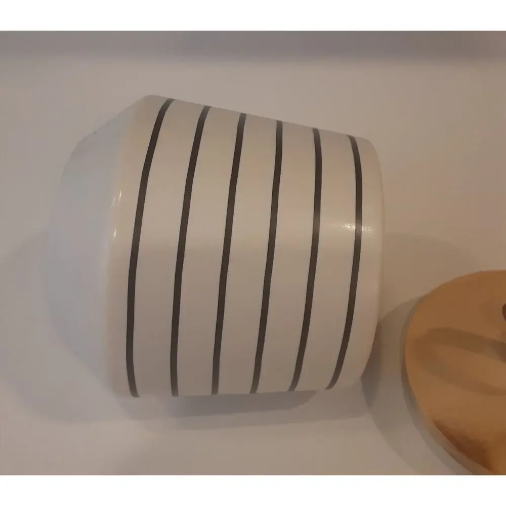 Earthenware Striped Jar W/Wood & Leather Pull Top Modern Minimalist